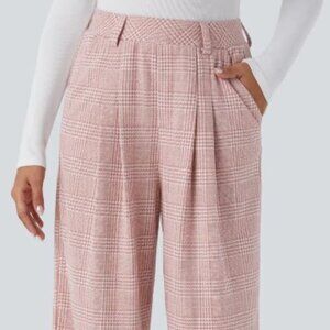 High Waisted Pocket Wide Leg Houndstooth Plaid Casual Pants